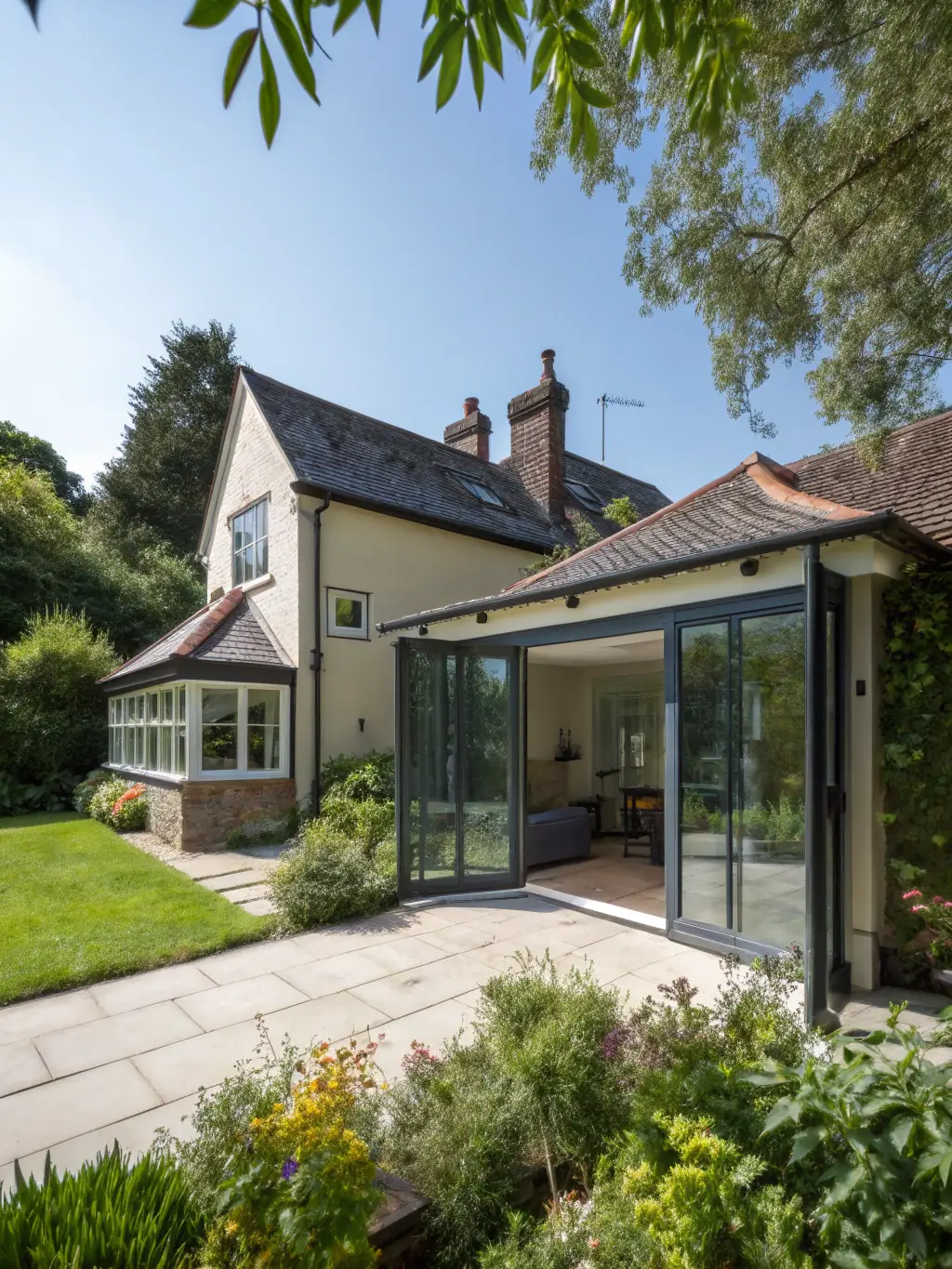 A modern home extension with large glass doors leading to a garden, illustrating the seamless integration of new space with existing architecture.