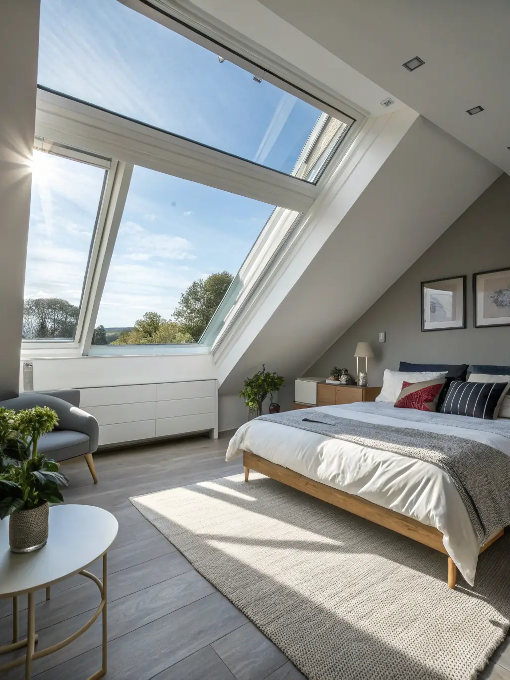 A bright and airy loft conversion with a skylight, showcasing the transformation of an attic space into a functional living area.